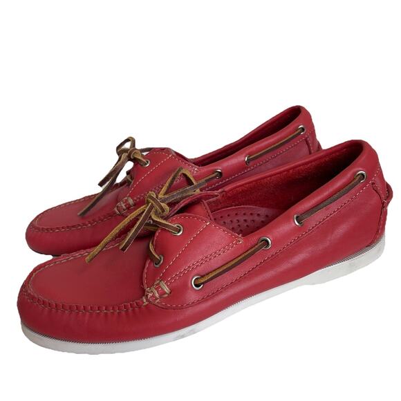 LL Bean Boat Dock Shoes Women’s Size 9 M Poppy Red Leather Slip On Deck Loafers - Picture 1 of 11